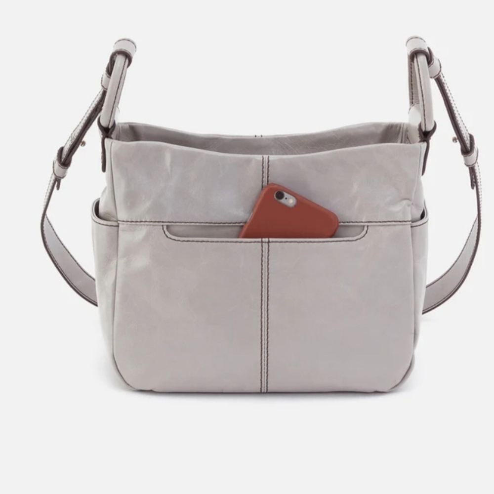 HOBO Light Gray Leather Crossbody Bag with Brown Accent